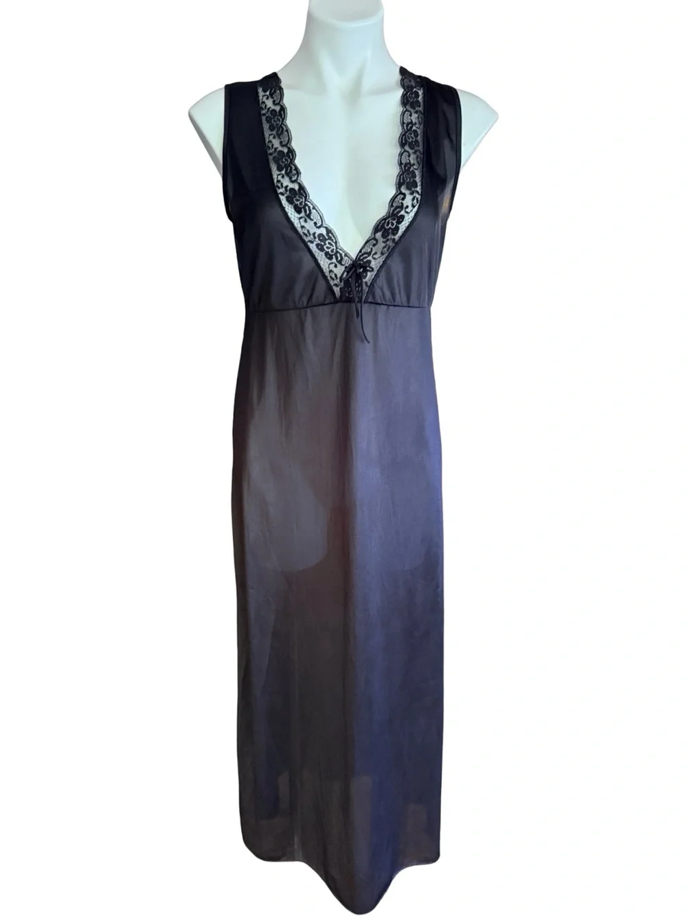 Glencroft Black Nylon Lace V-Neck Maxi Nightgown Vintage 60s M - Picture 2 of 11